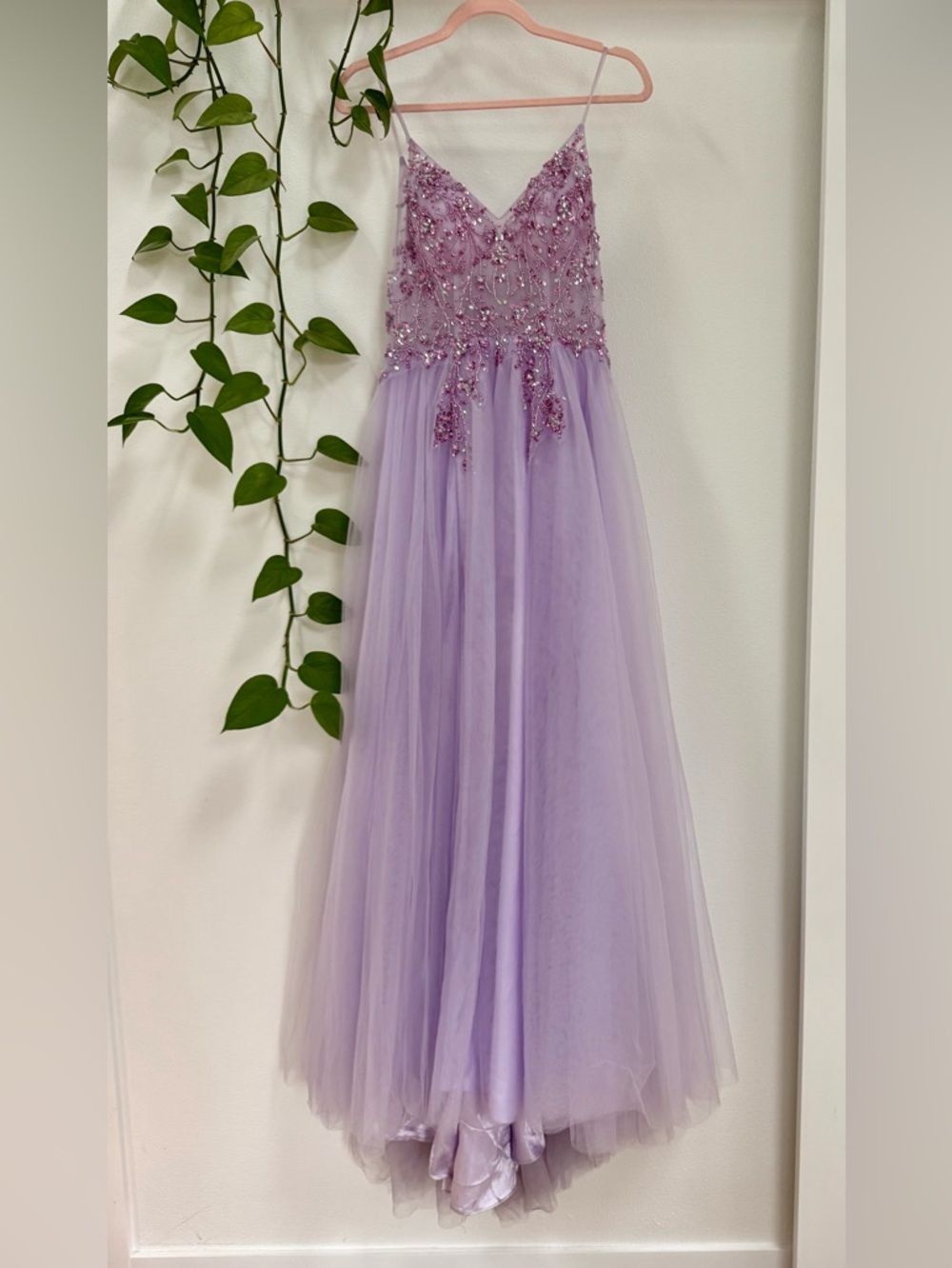 Lavender Beaded Tulle High-Low Prom Dress Size 8 Formal Gown